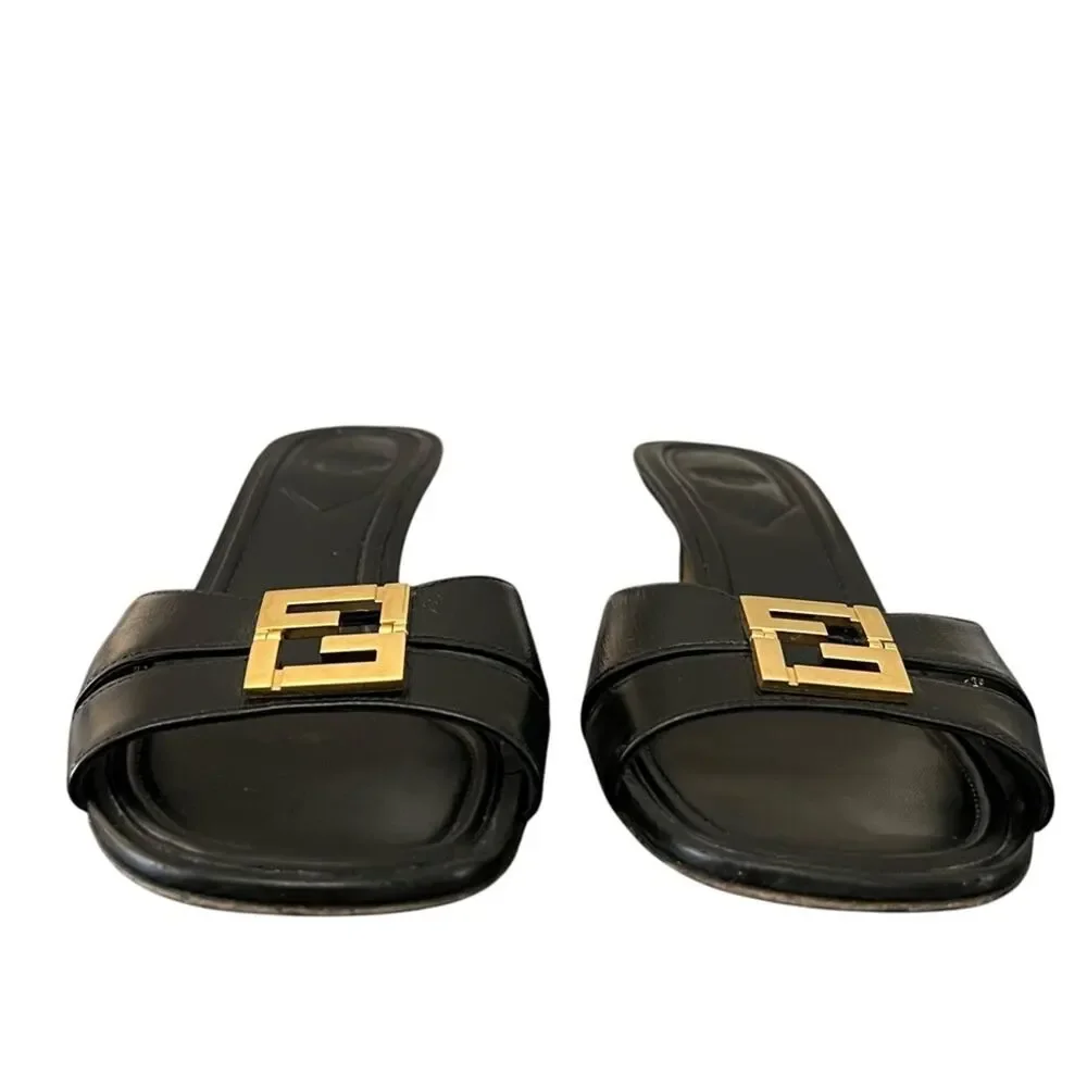 Fendi Women’s Ffold Square Toe Black Leather Gold Hardware Kitten Heel Sandals - Picture 6 of 13